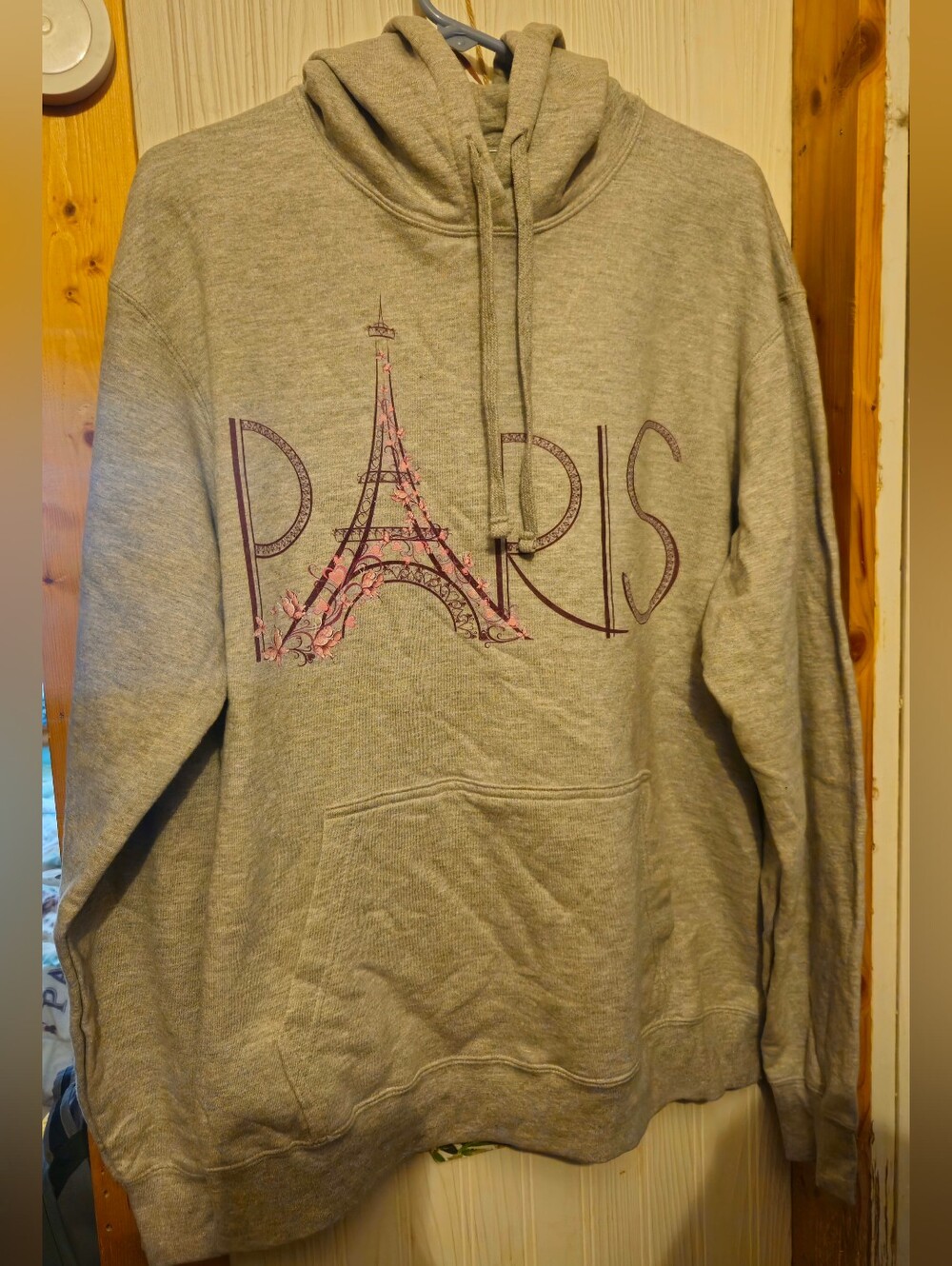 Paris Graphic Grey Hoodie Sweatshirt - Casual Pullover Size Large
